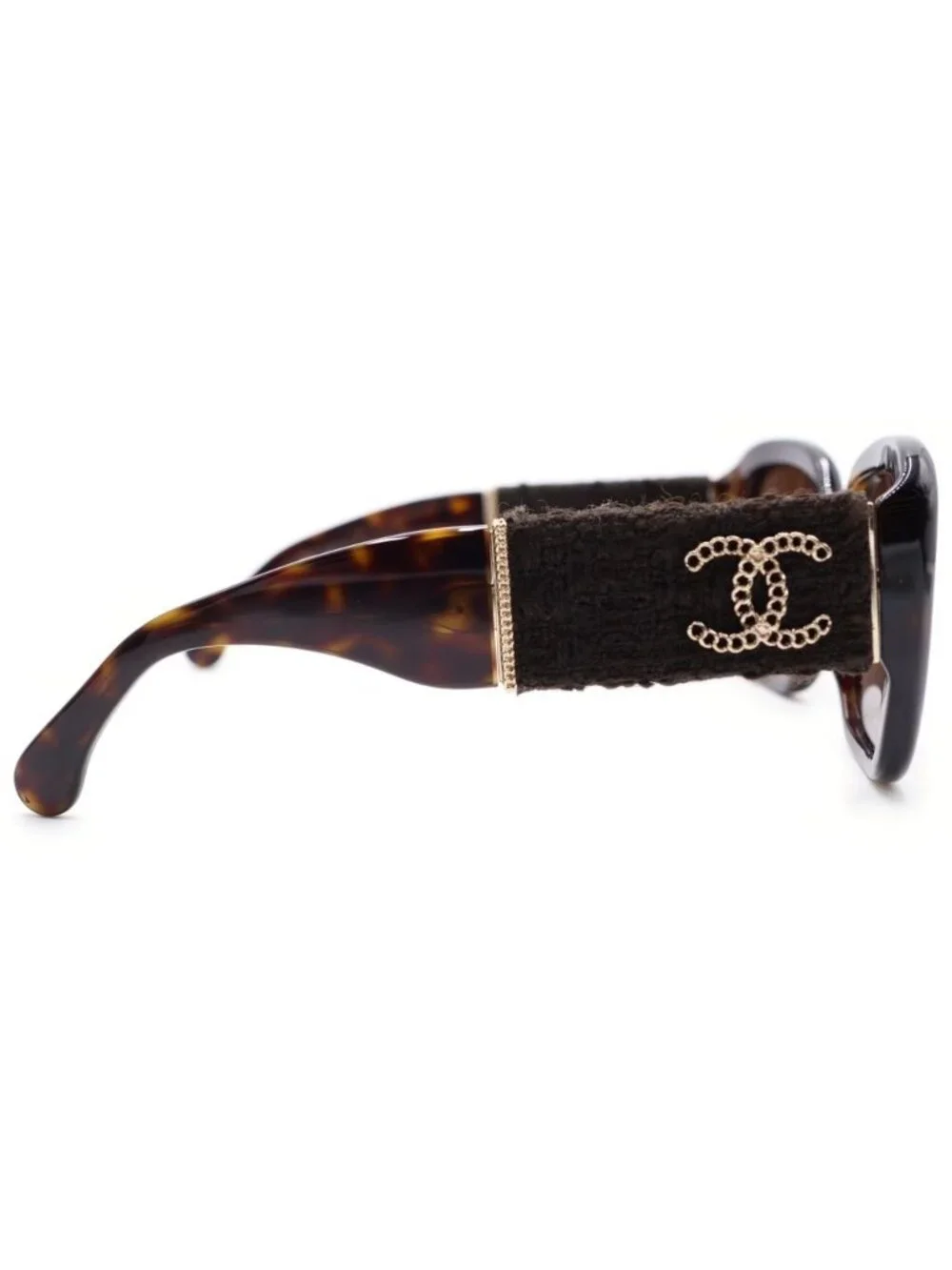 Chanel Square Frame Chain CC Logo Tweed Temple Sunglasses Brown Gold Eyewear